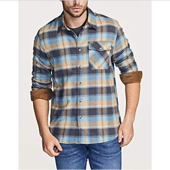 CQR Flannel Shirt Flip Cuff Mens XL 100% Cotton Blue Brown Plaid Button Down Top - Picture 1 of 14